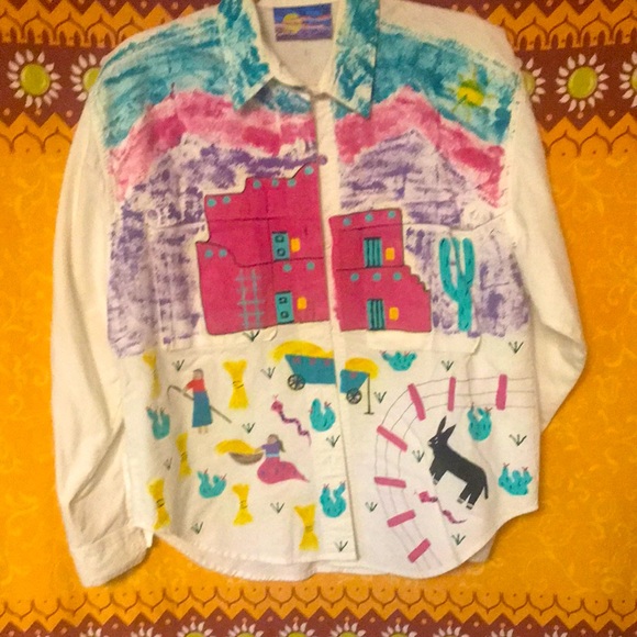 Southwest hand painted blouse with cactus and dog - Picture 1 of 3